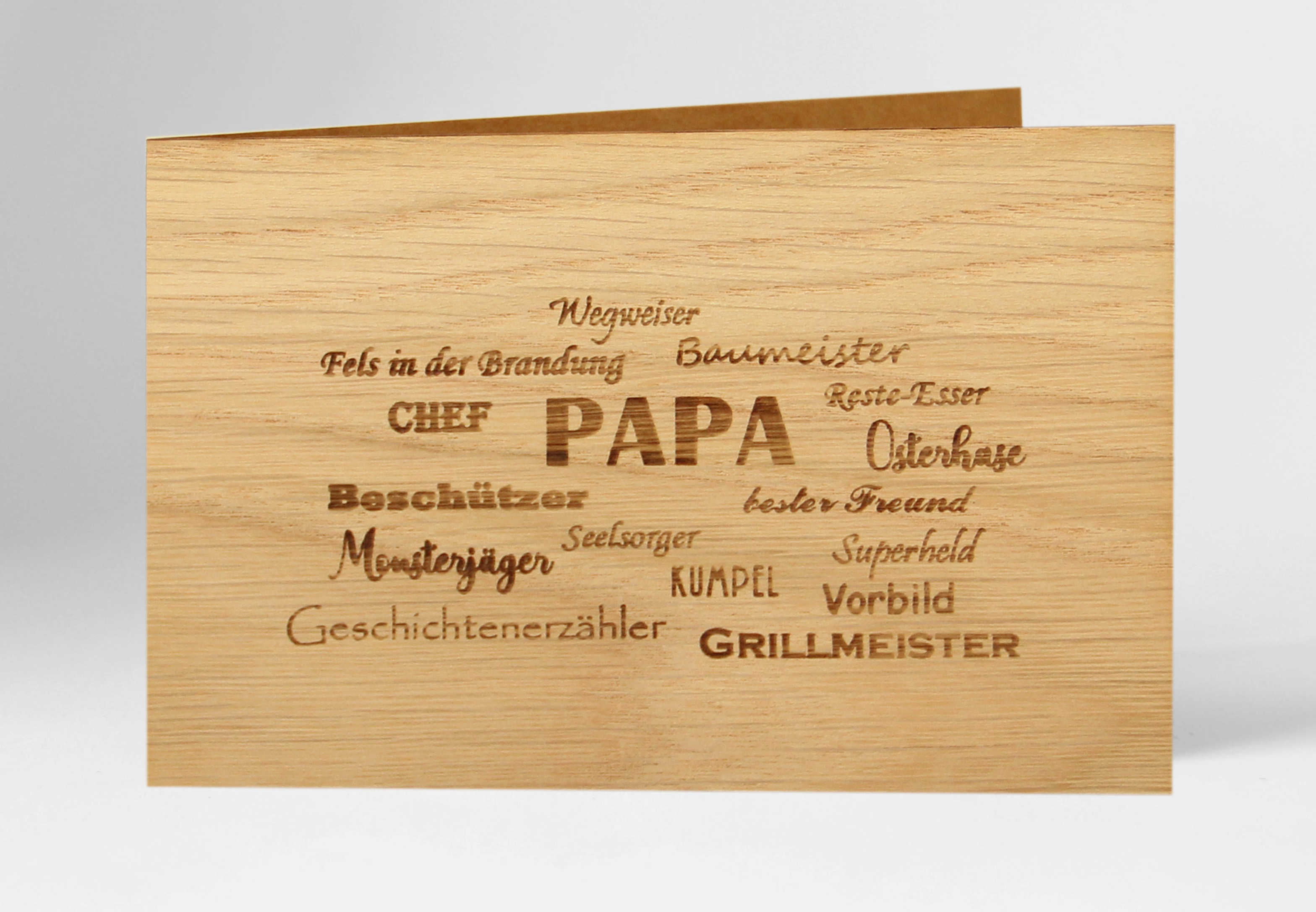 Holzgrusskarten - Geschenkkarte "Papa" aus Eiche, Dankeskarte