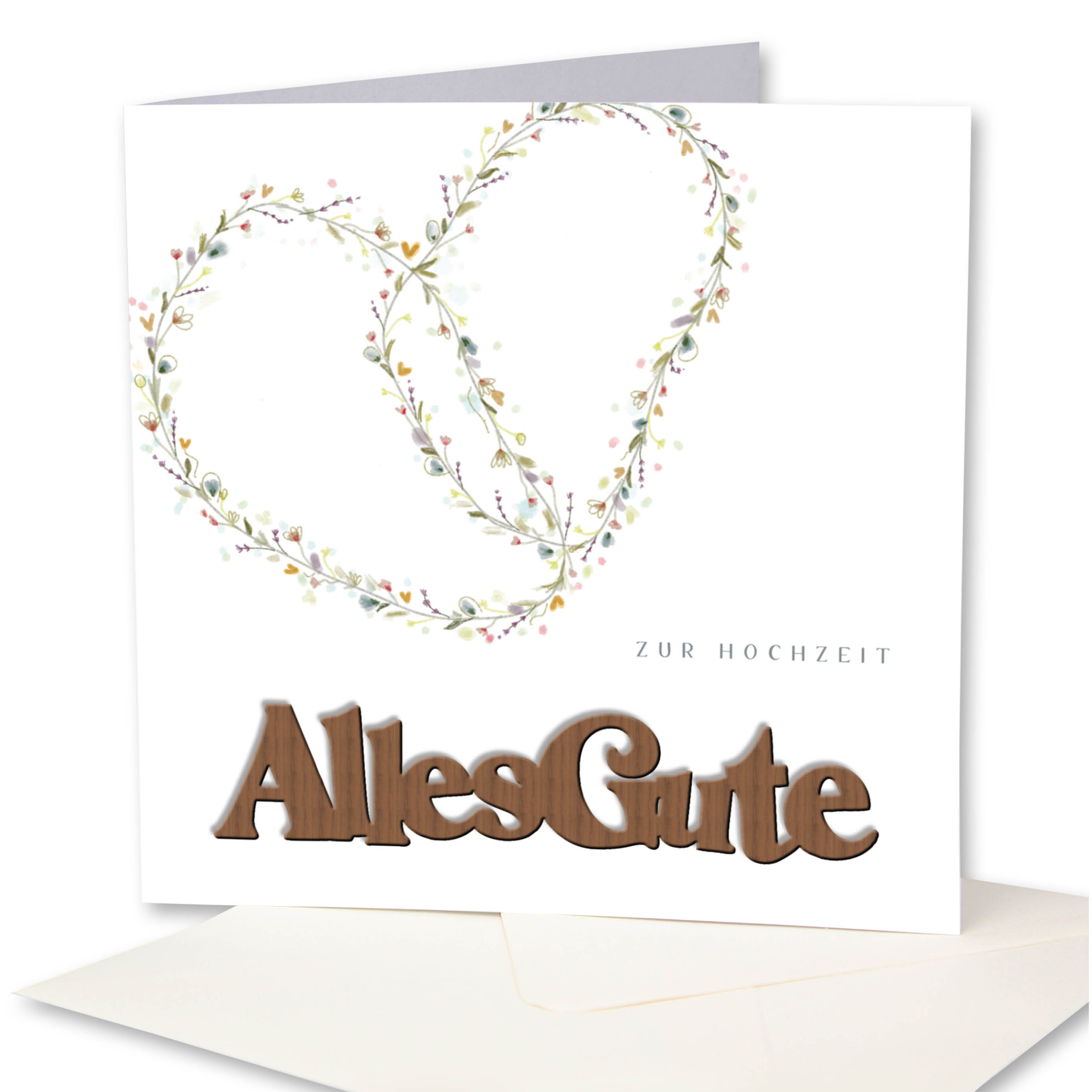 Holzgrusskarten - Hochzeitskarte "Blumenherzen - Zur Hochzeit" aus Recyclingkarton mit aufgeklebtem "Alles Gute" aus Nussholz