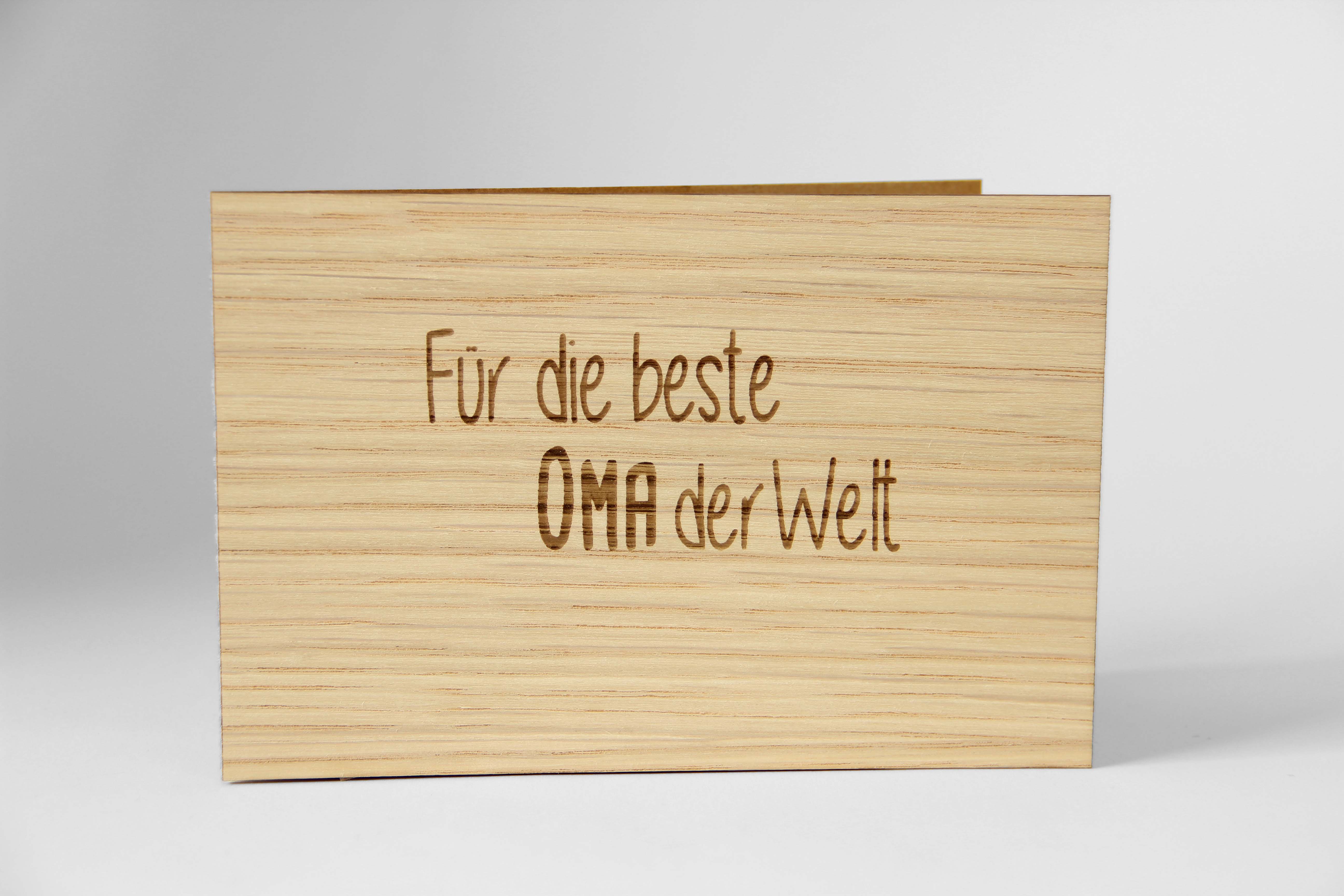 Holzgrusskarten - Geschenkkarte "Für die beste Oma der Welt" aus Eiche, Dankeskarte