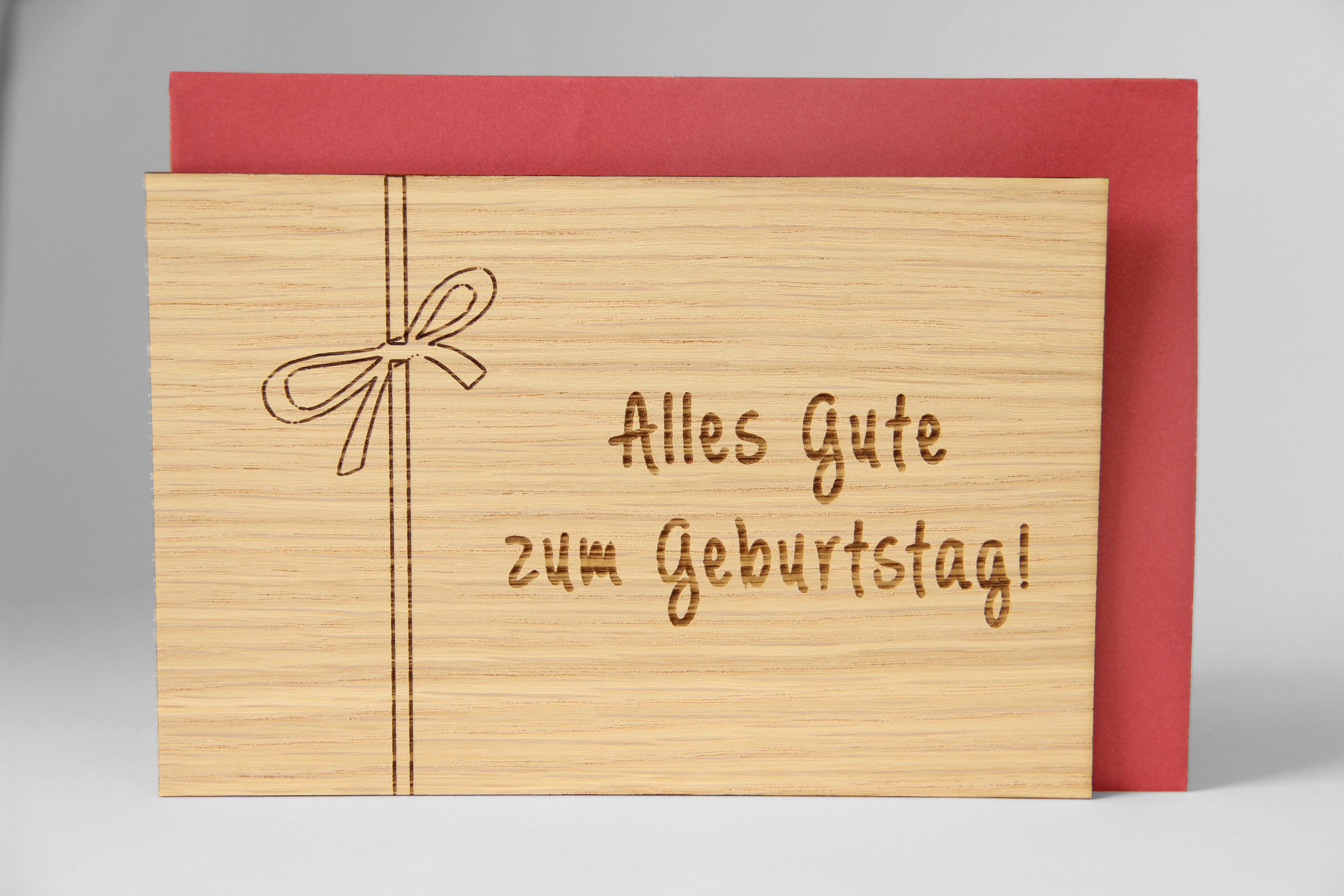 Holzgrusskarten - Geburtstagskarte "Alles Gute zum Geburtstag" mit Schleife, aus Eiche