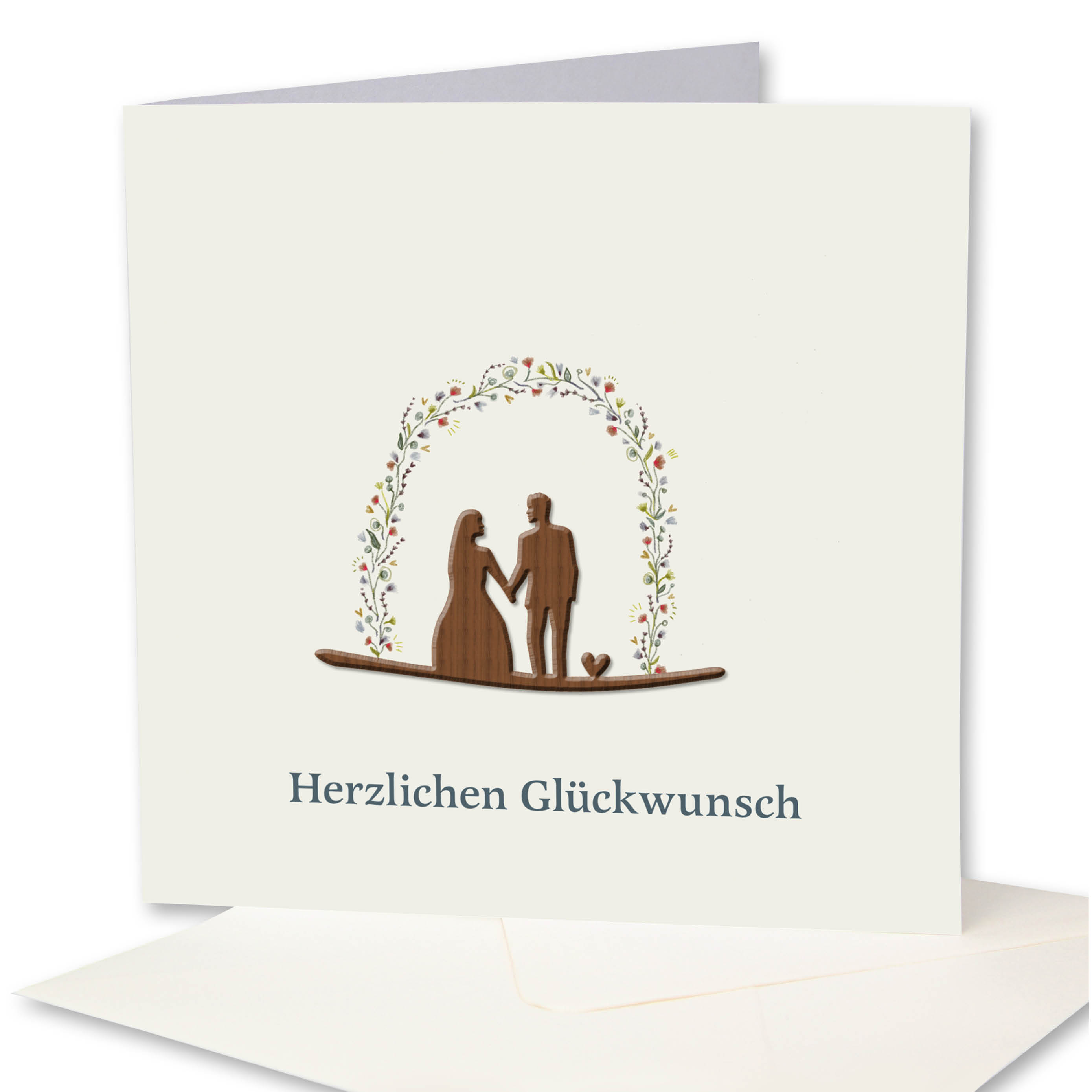 Holzgrusskarten - Hochzeitskarte "Herzlichen Glückwunsch" aus Recyclingkarton mit aufgeklebtem "Brautpaar" aus Nussholz