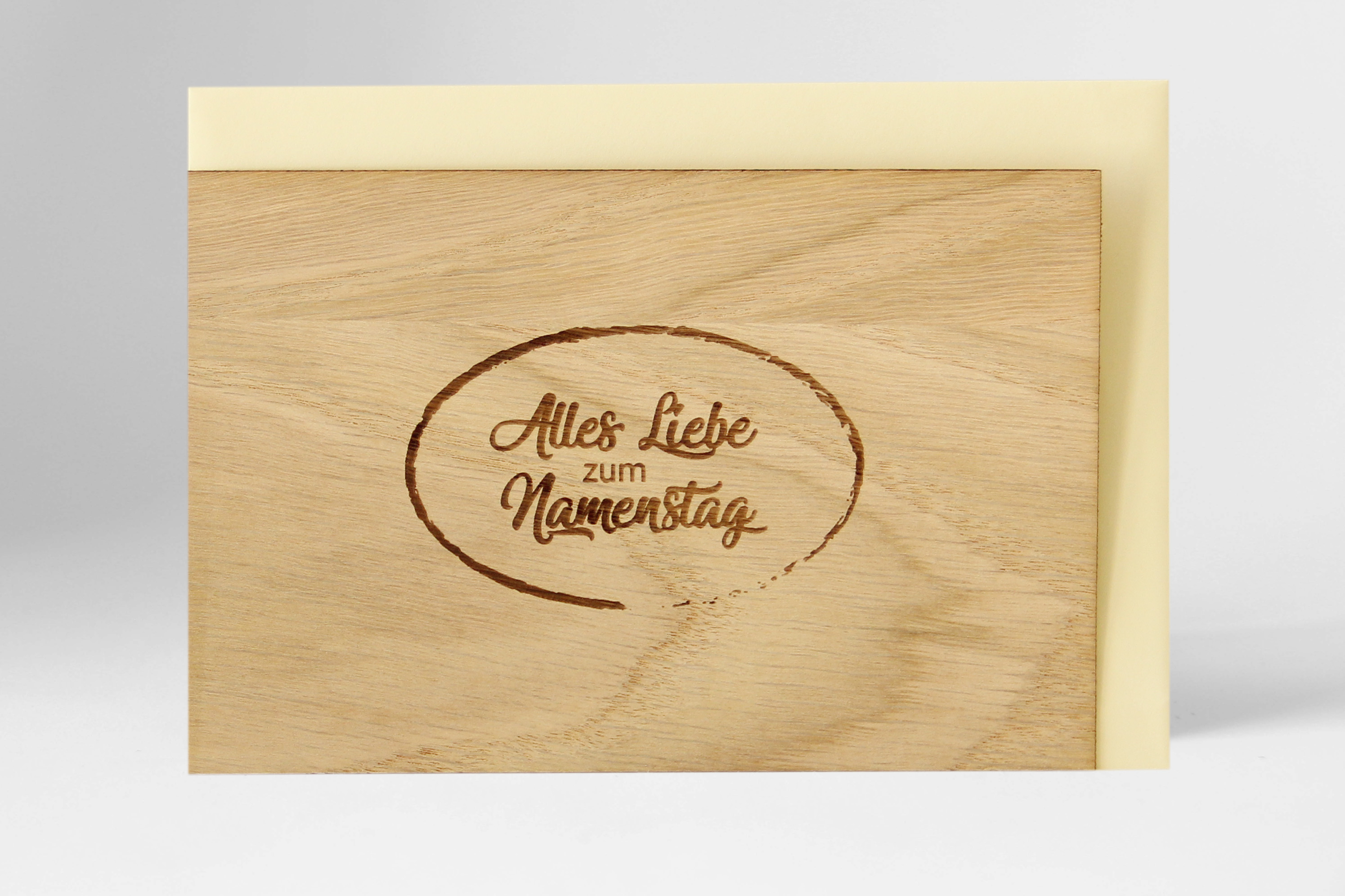 Holzgrusskarten - Namenstagskarte, Geschenkkarte "Alles Liebe zum Namenstag" aus Eiche