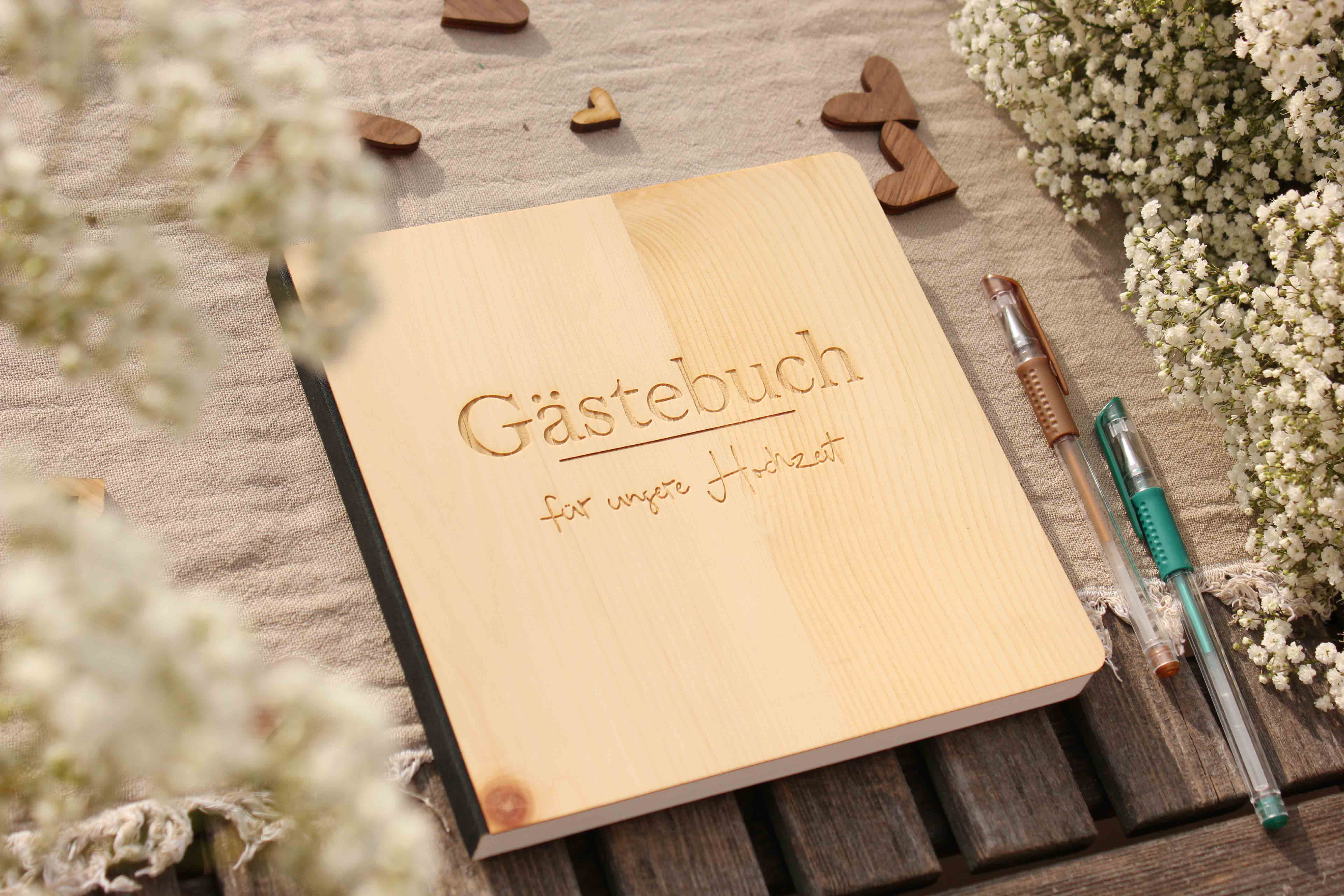 Holzgrusskarten - Gästebuch mit Zirbencover "Gästebuch für unsere Hochzeit", Geschenk, Hochzeit, Party, Feier