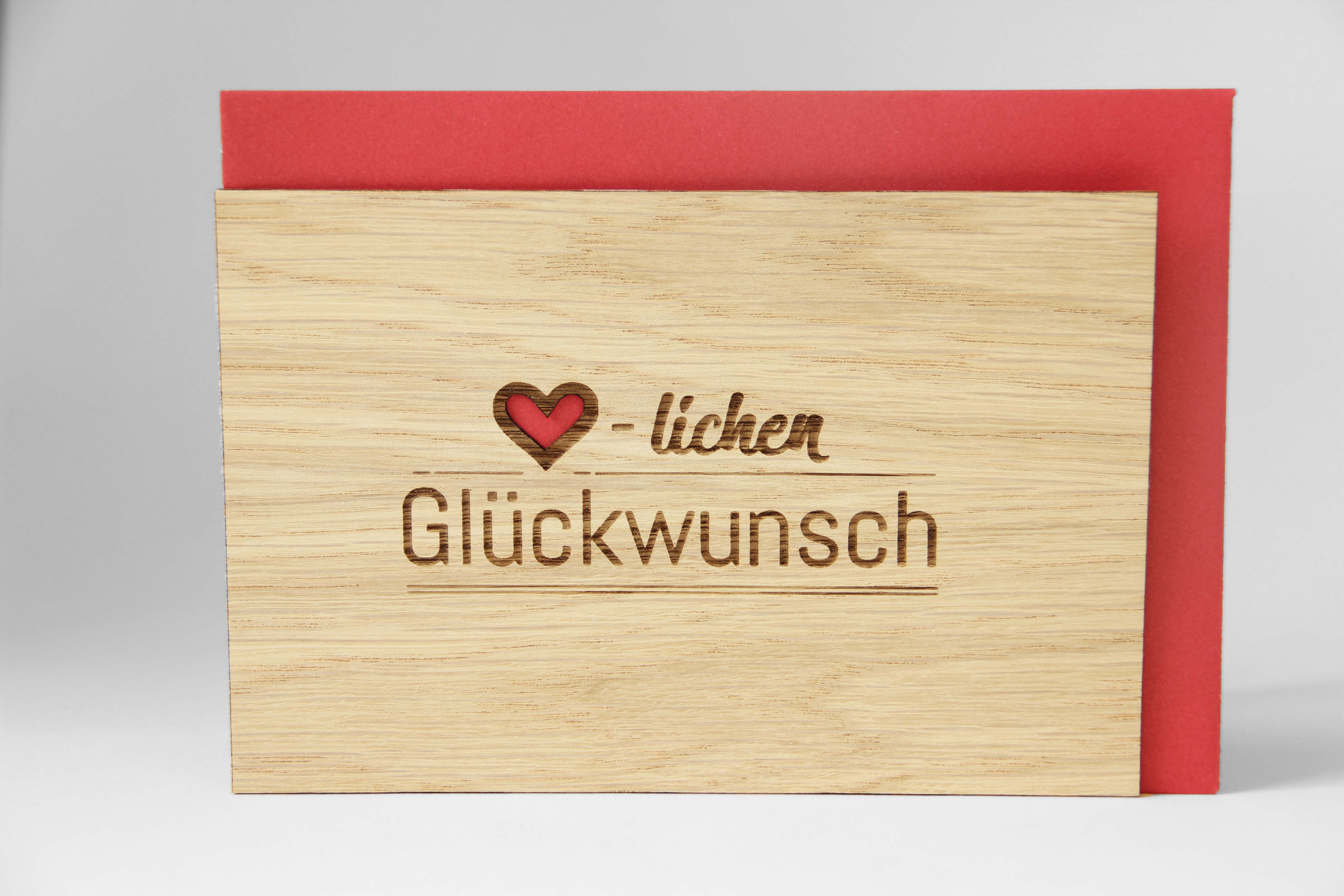 Holzgrusskarten - Glückwunschkarte "Herzlichen Glückwunsch" aus Nuss, Herz