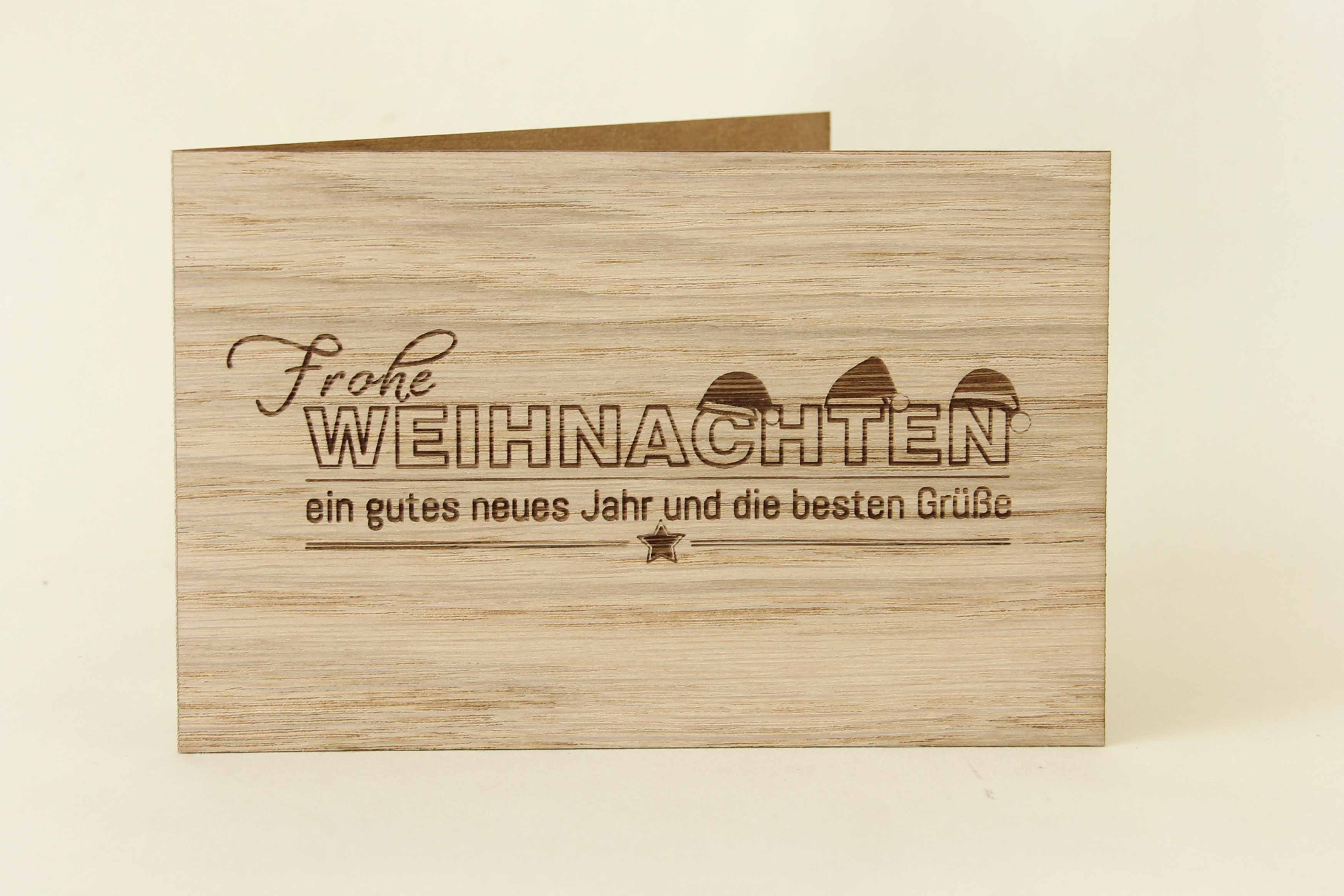 Holzgrusskarten - Weihnachtskarte "Frohe Weihnachten, ein gutes neues Jahr und die besten Grüße" aus Eiche