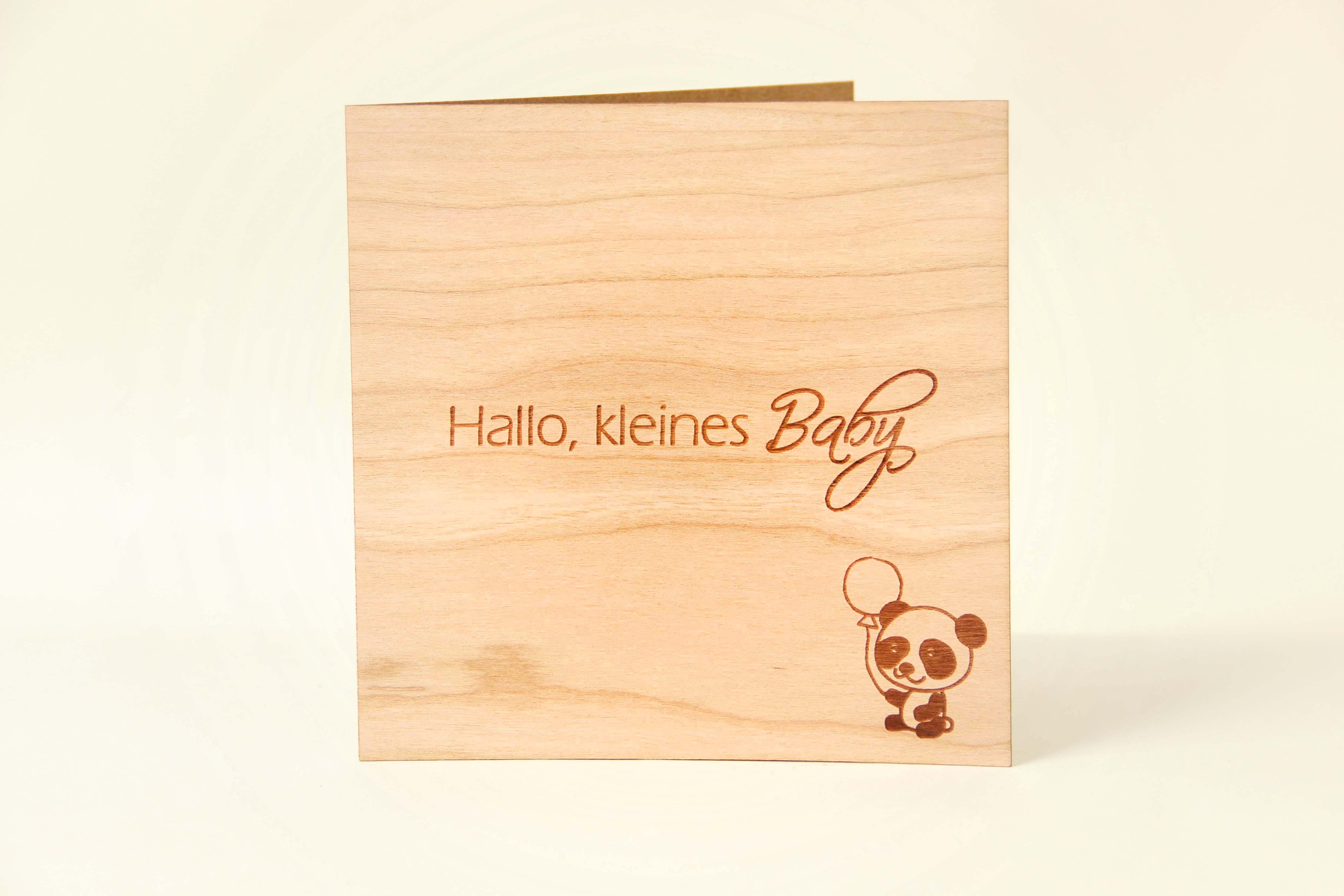 Holzgrusskarten - Holzgrusskarte Geburt 103 "Hallo kleines Baby", Panda, Kirsche