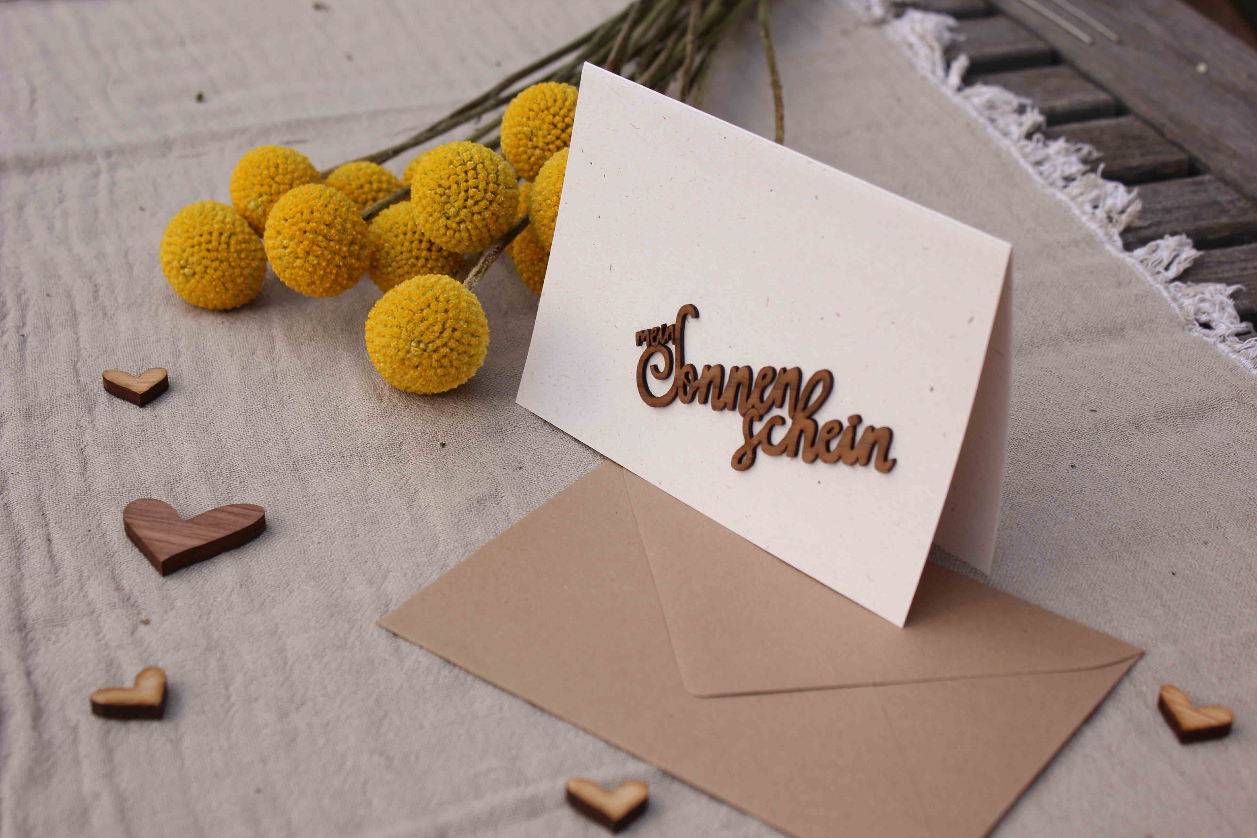Holzgrusskarten - Papierkarte mit Schriftzug "Mein Sonnenschein" aus Nuss, Geschenkkarte, Dankeskarte