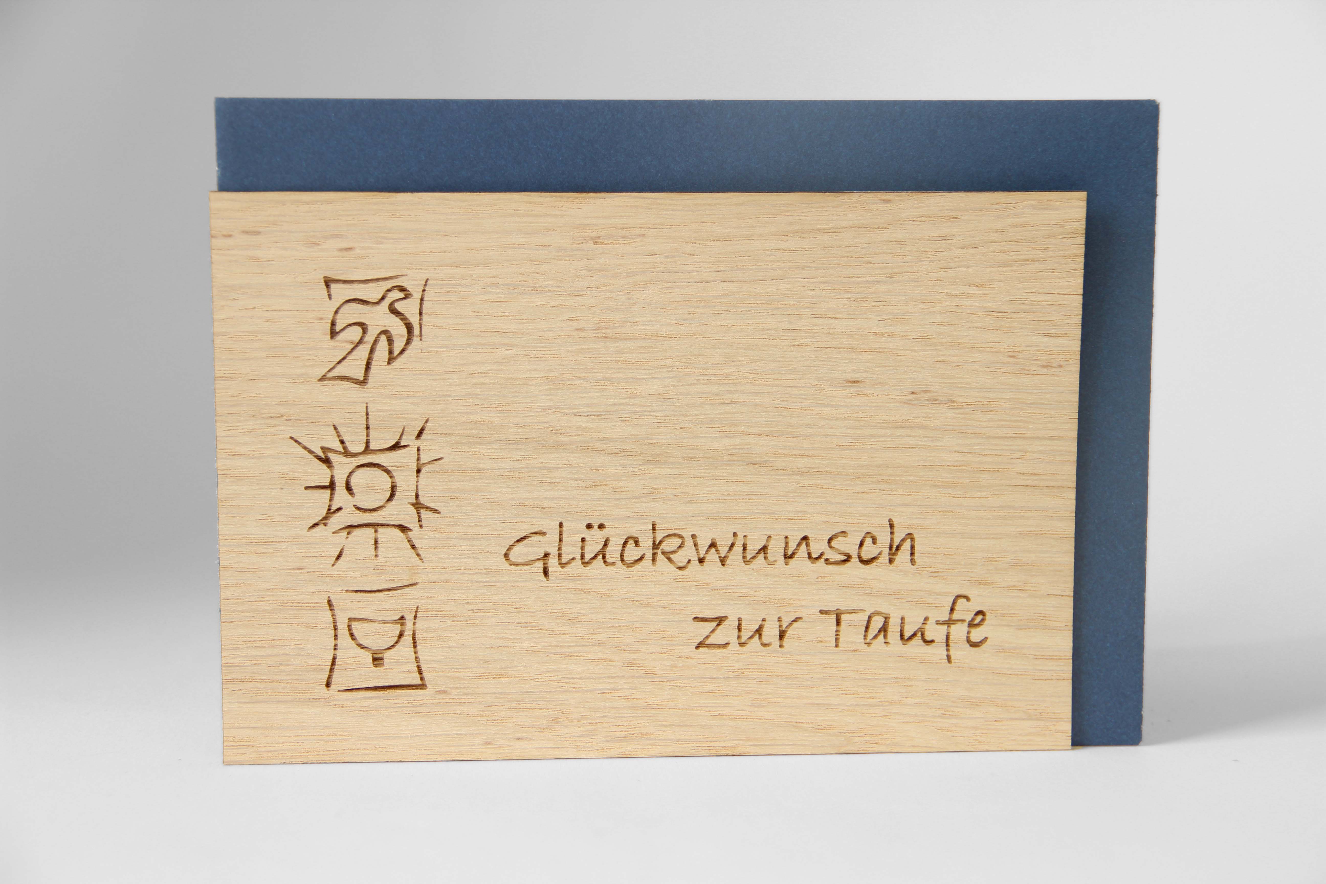 Holzgrusskarten - Geschenkkarte "Glückwunsch zur Taufe" aus Eiche, Taufkarte