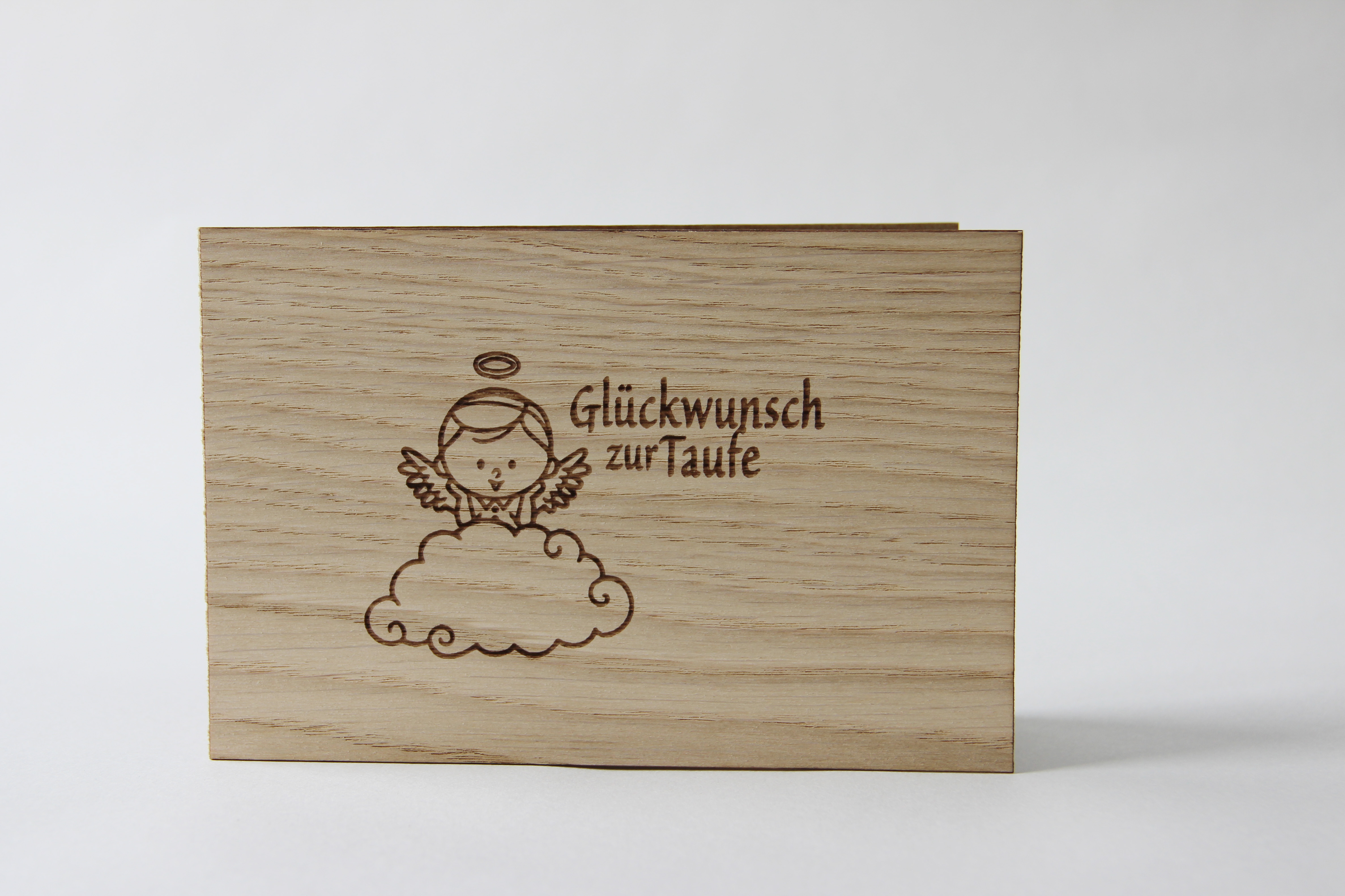 Holzgrusskarten - Geschenkkarte "Glückwunsch zur Taufe" aus Eiche, Taufkarte, Engel