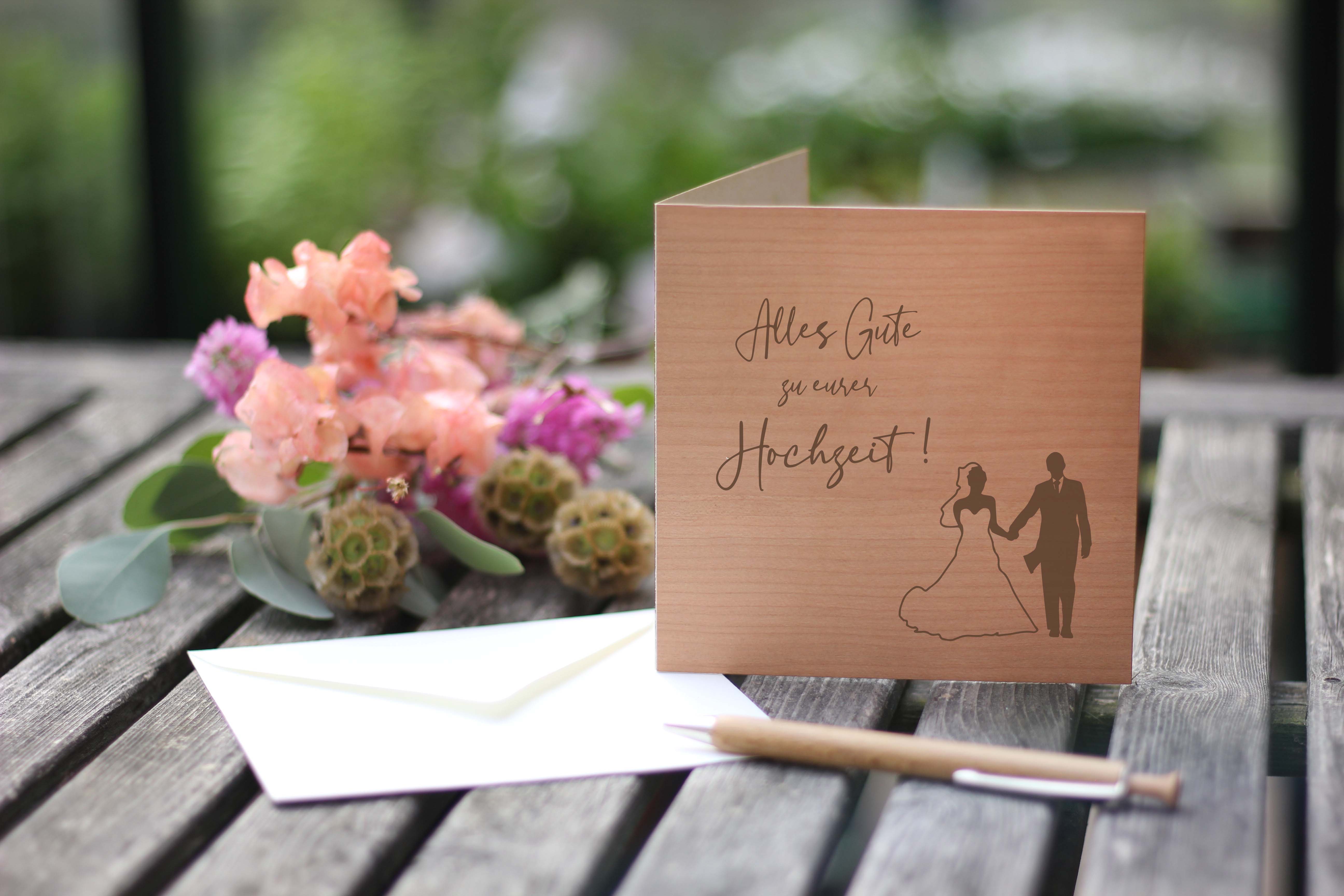Holzgrusskarten - Holzgrusskarte Hochzeit "Alles Gute zu eurer Hochzeit!", Brautpaar, Kirsche
