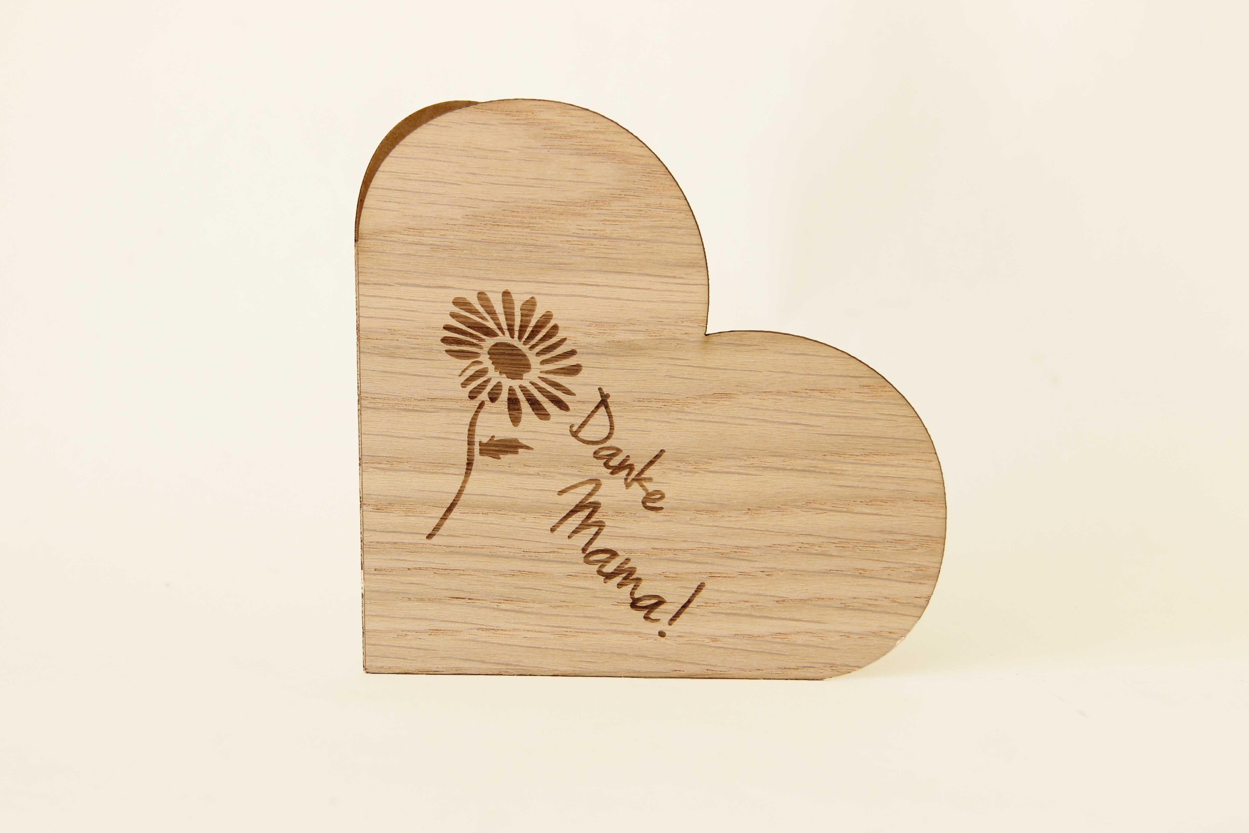 Holzgrusskarten - Herzkarte "Danke Mama!" aus Eiche, Sonnenblume, Dankeskarte, Geschenkkarte