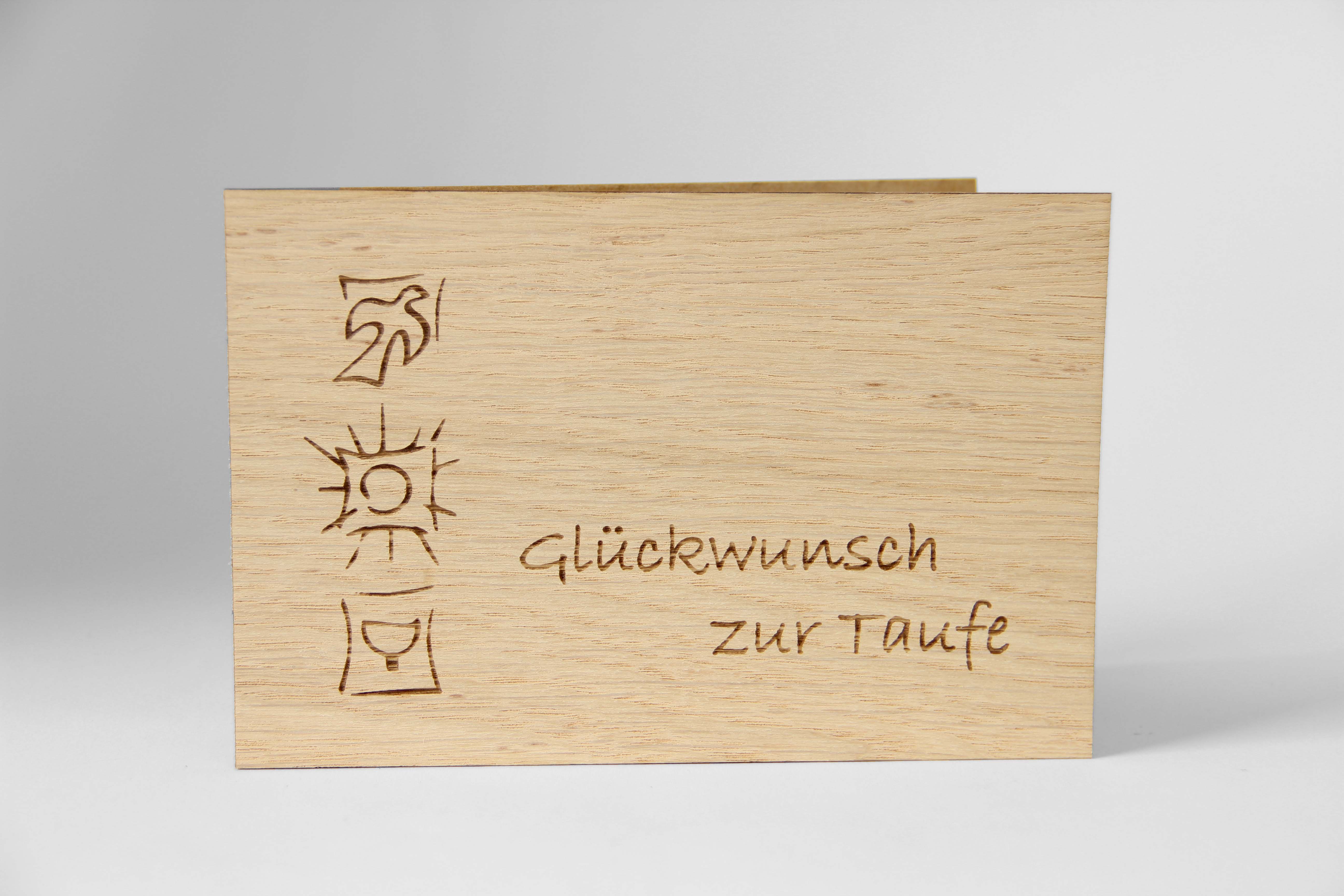 Holzgrusskarten - Geschenkkarte "Glückwunsch zur Taufe" aus Eiche, Taufkarte