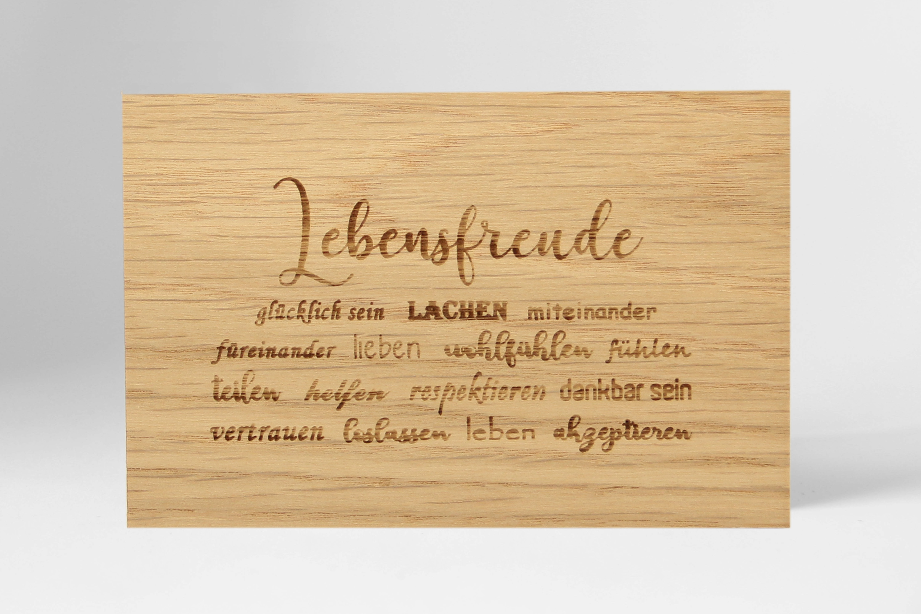 Holzgrusskarten - Geschenkkarte "Lebensfreude" aus Eiche, Dankeskarte