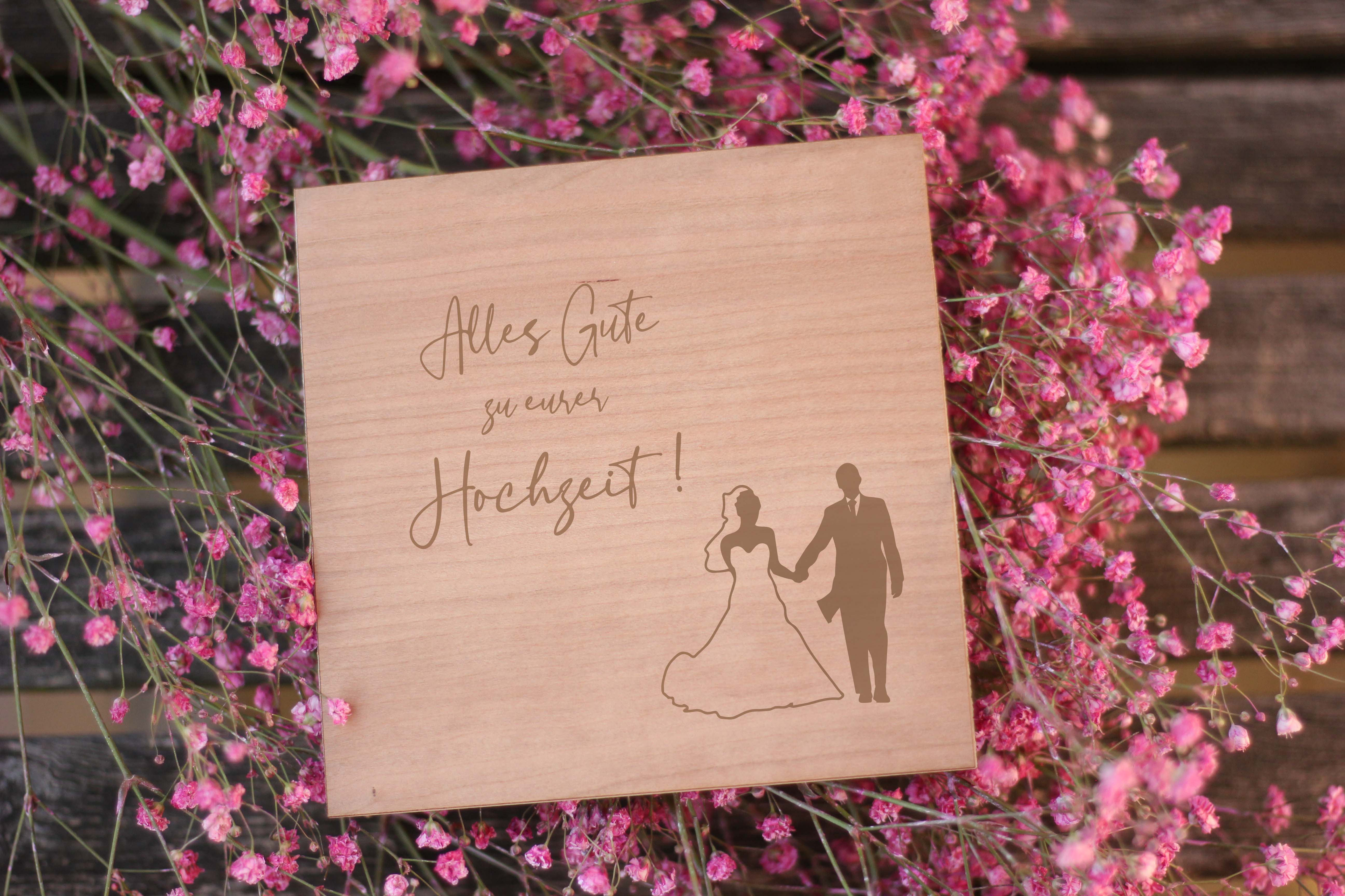 Holzgrusskarten - Holzgrusskarte Hochzeit "Alles Gute zu eurer Hochzeit!", Brautpaar, Kirsche