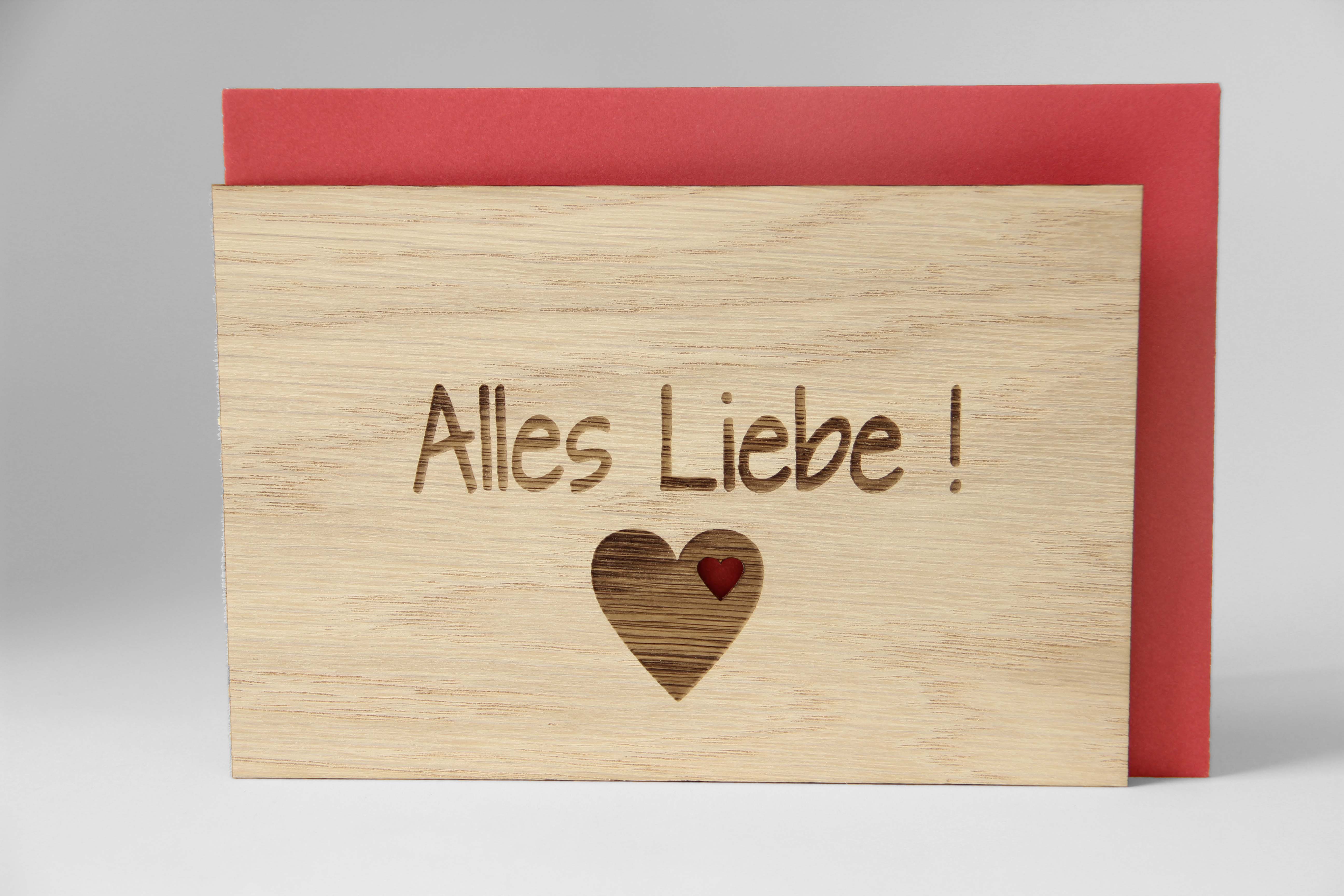 Holzgrusskarten - Geschenkkarte "Alles Liebe" aus Nuss, Dankeskarte, Herz