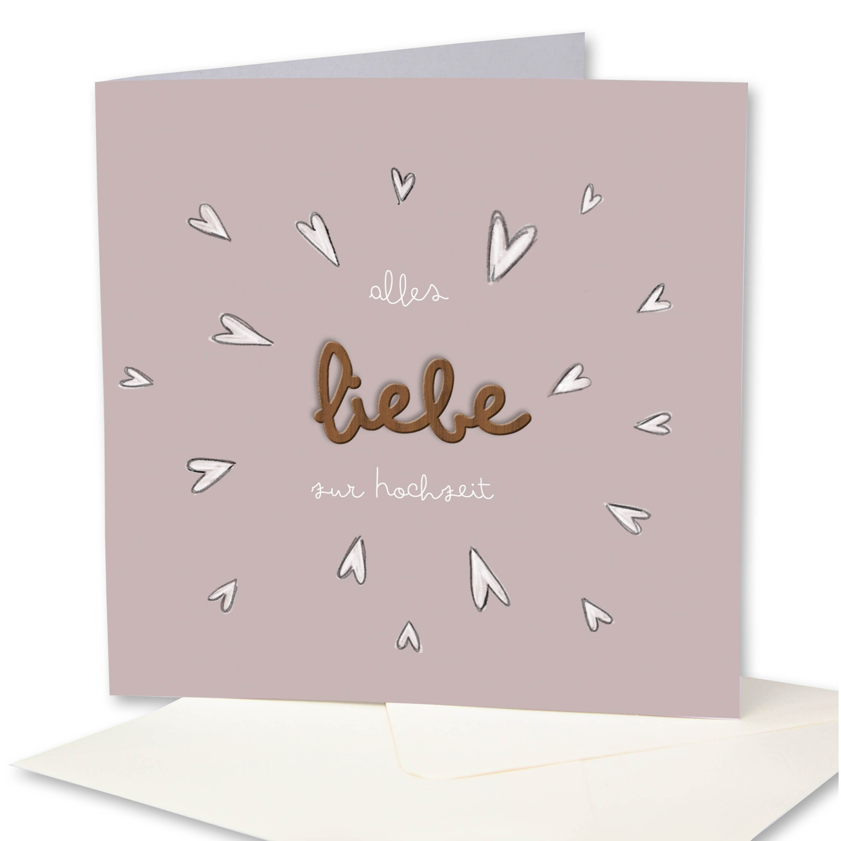 Holzgrusskarten - Hochzeitskarte "Alles liebe zur Hochzeit" aus Recyclingkarton mit aufgeklebtem "Liebe" aus Nussholz, Herzen