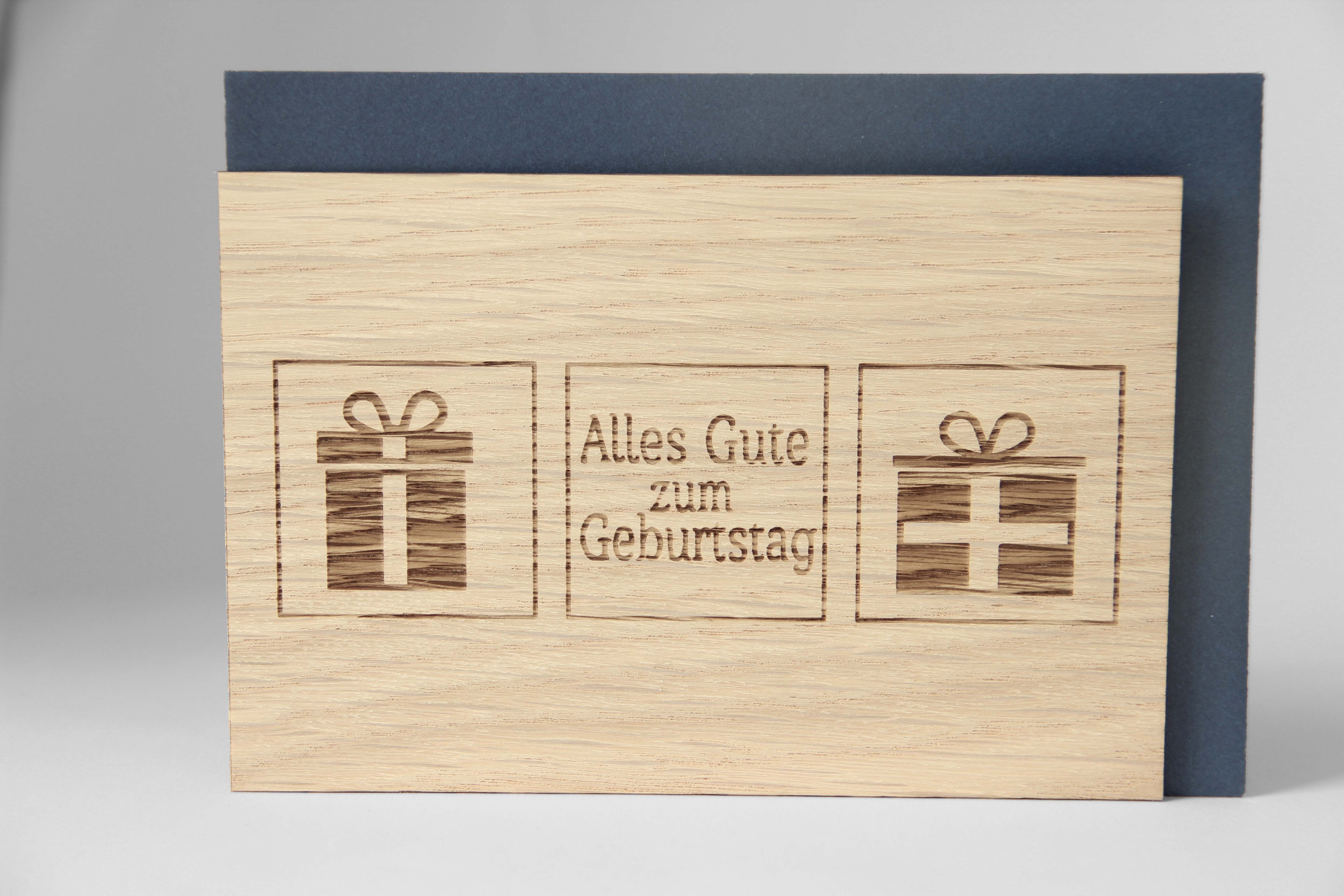 Holzgrusskarten - Geburtstagskarte "Alles Gute zum Geburtstag" mit Geschenkpaketen, aus Eiche